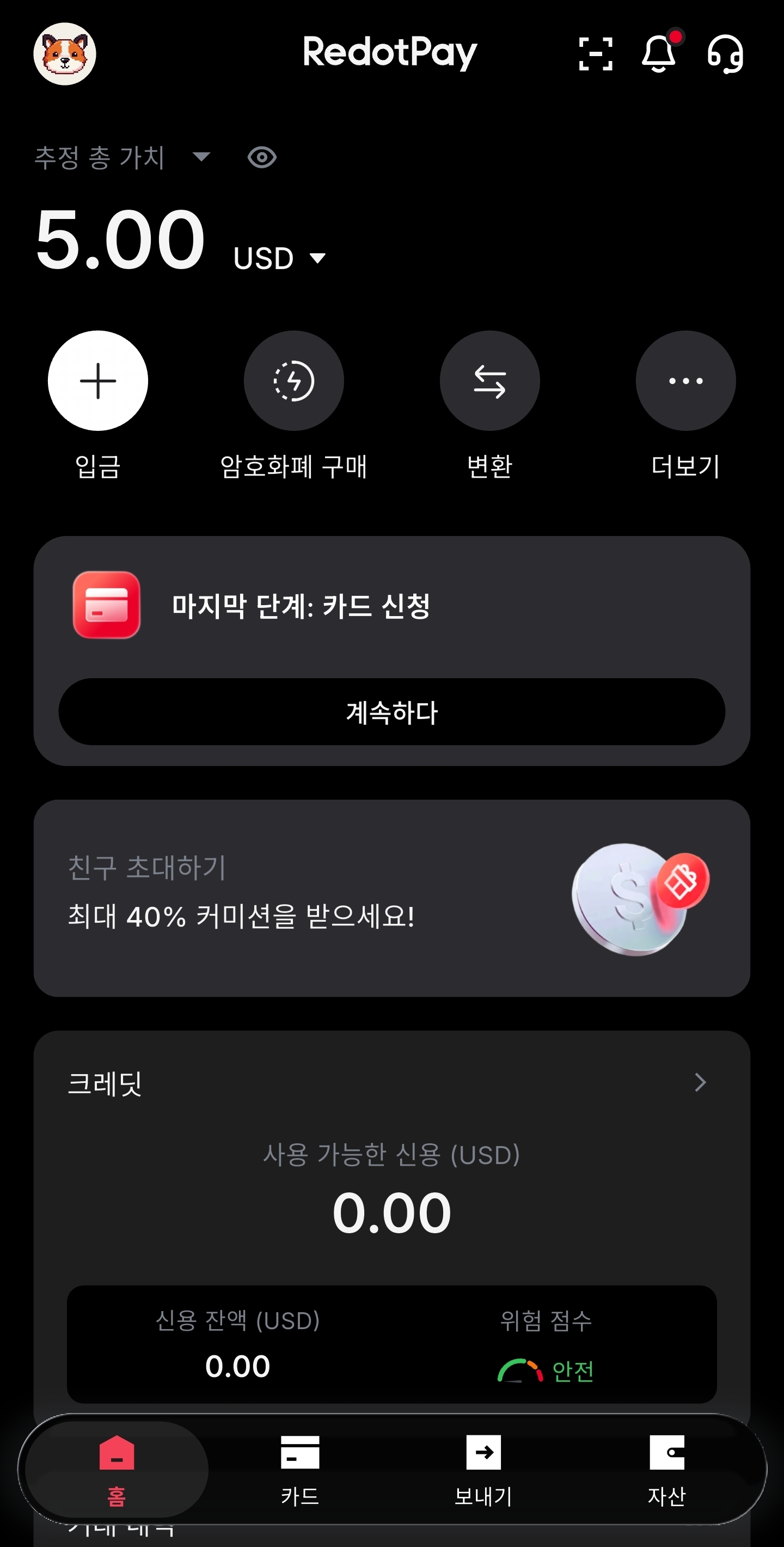 리닷페이 앱 홈 화면 잔액 확인 카드 관리