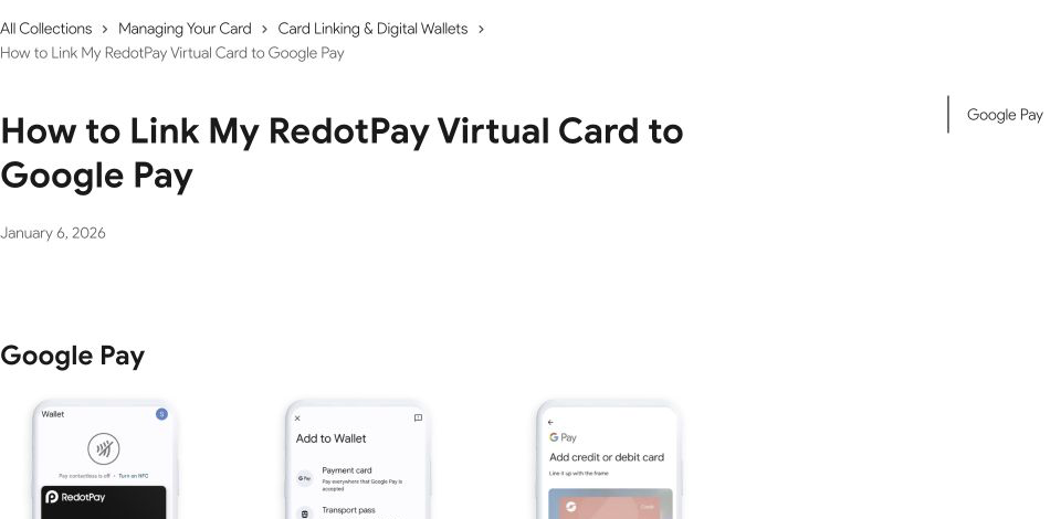 RedotPay Help Center의 Google Pay 가상카드 연결 공식 안내 화면