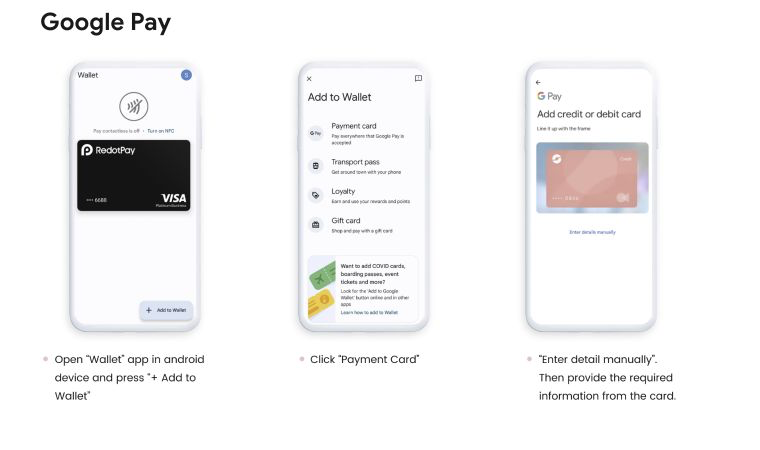 Google Wallet에서 RedotPay 카드를 추가하는 공식 단계 화면